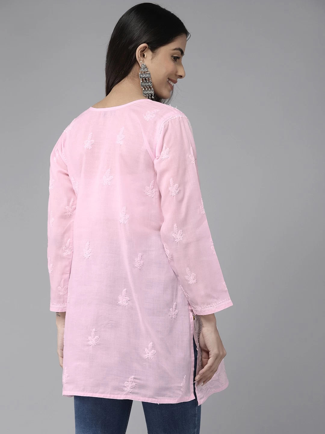 Ada Hand Embroidered Baby Pink Cotton Lucknowi Chikankari Straight Kurti A911308