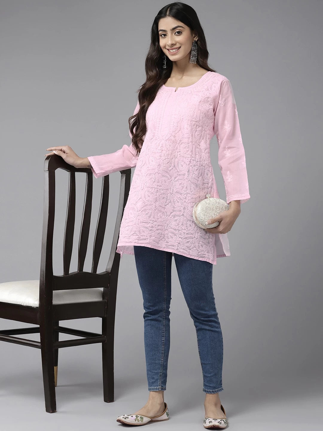 Ada Hand Embroidered Baby Pink Cotton Lucknowi Chikankari Straight Kurti A911308