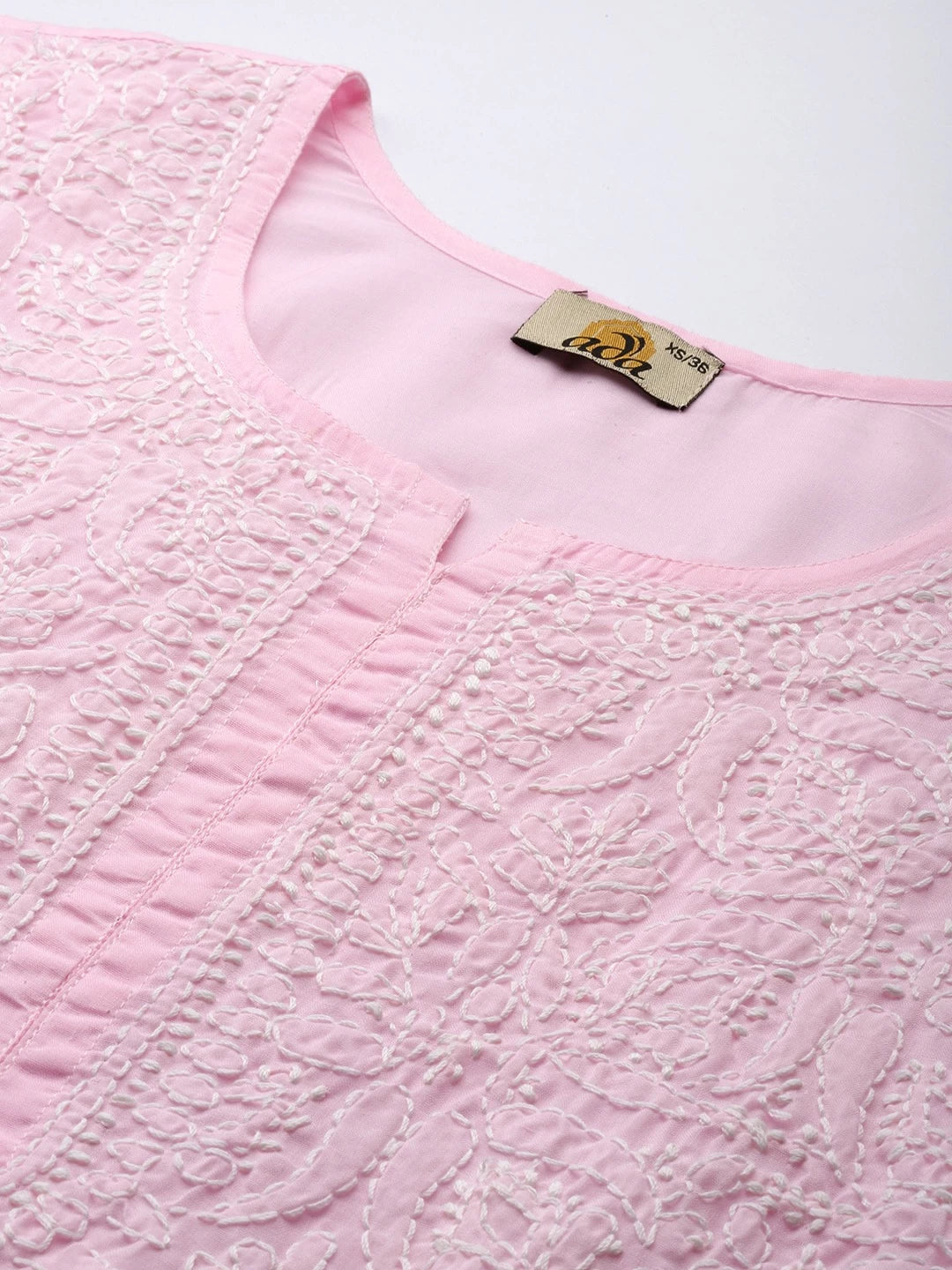 Ada Hand Embroidered Baby Pink Cotton Lucknowi Chikankari Straight Kurti A911308