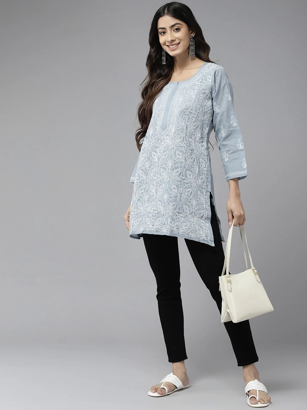 Ada Hand Embroidered Grey Cotton Lucknowi Chikankari Straight Kurti A911307