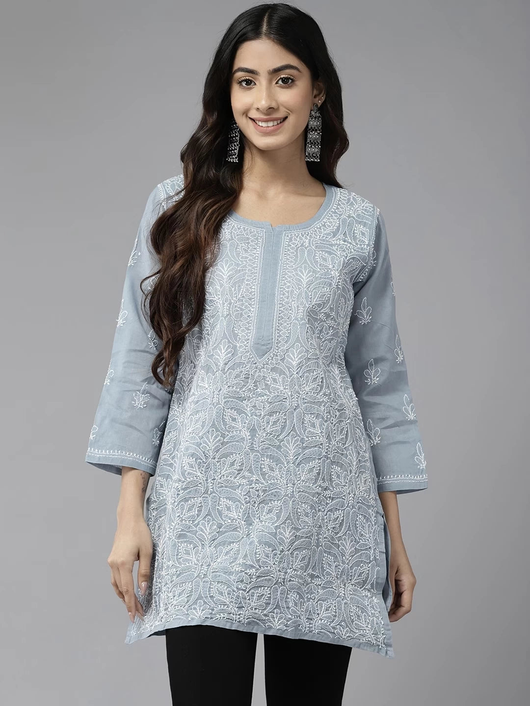 Ada Hand Embroidered Grey Cotton Lucknowi Chikankari Straight Kurti A911307
