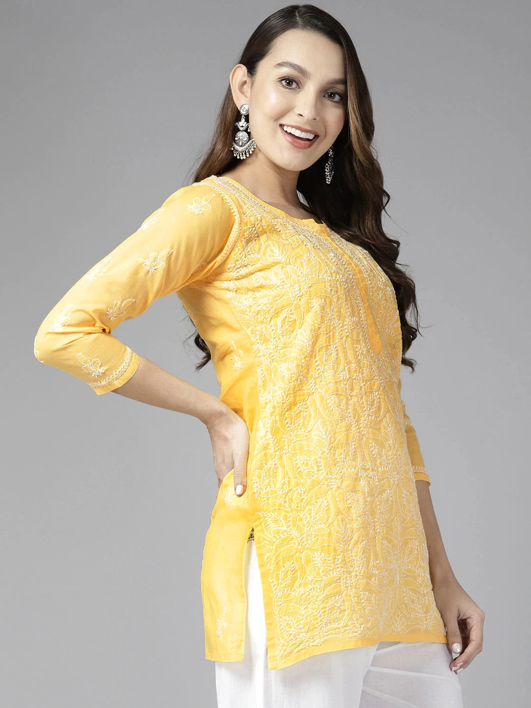 Ada Hand Embroidered Yellow Cotton Lucknowi Chikankari Straight Kurti A911280