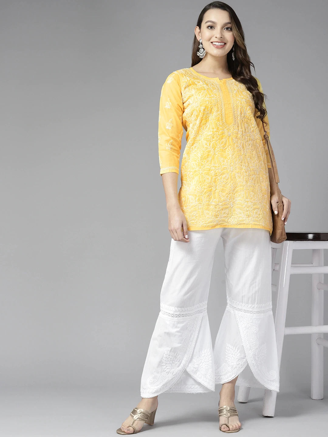 Ada Hand Embroidered Yellow Cotton Lucknowi Chikankari Straight Kurti A911280