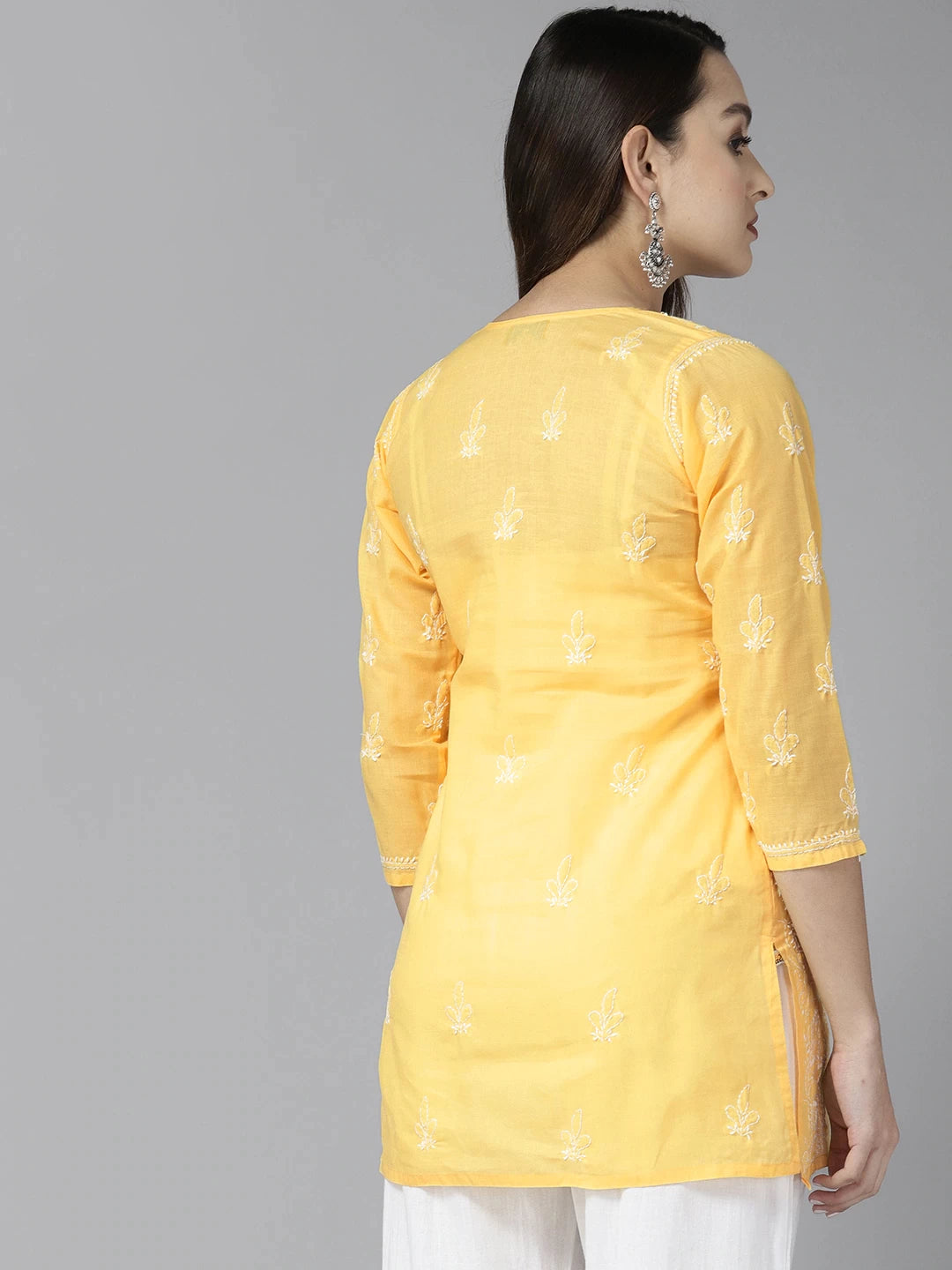 Ada Hand Embroidered Yellow Cotton Lucknowi Chikankari Straight Kurti A911280