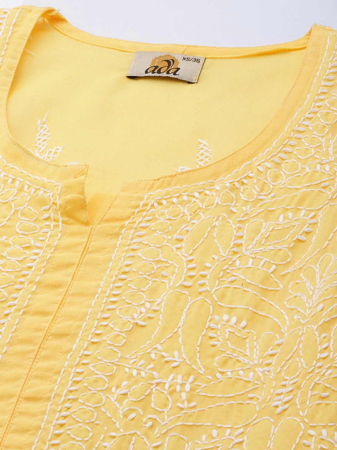 Ada Hand Embroidered Yellow Cotton Lucknowi Chikankari Straight Kurti A911280