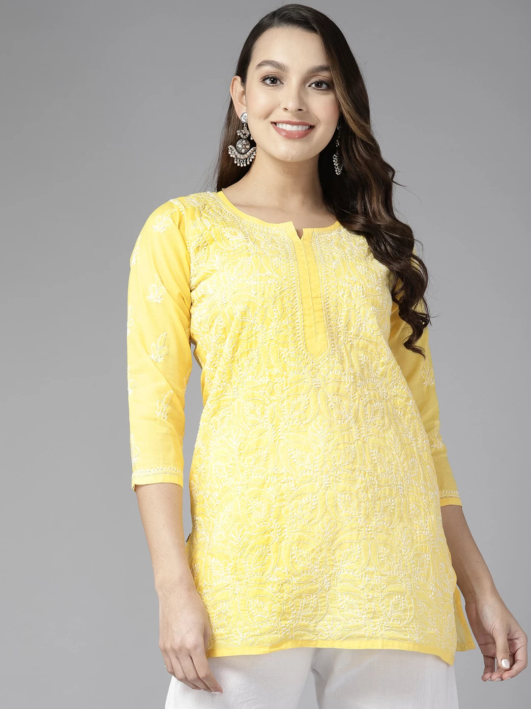 Ada Hand Embroidered Yellow Cotton Lucknowi Chikankari Straight Kurti A911280