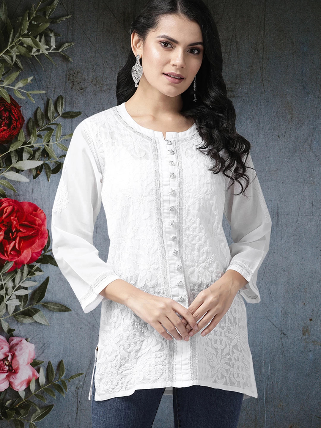 Ada Hand Embroidered White Cotton Lucknowi Chikankari Straight Kurti With Zari Work A178625