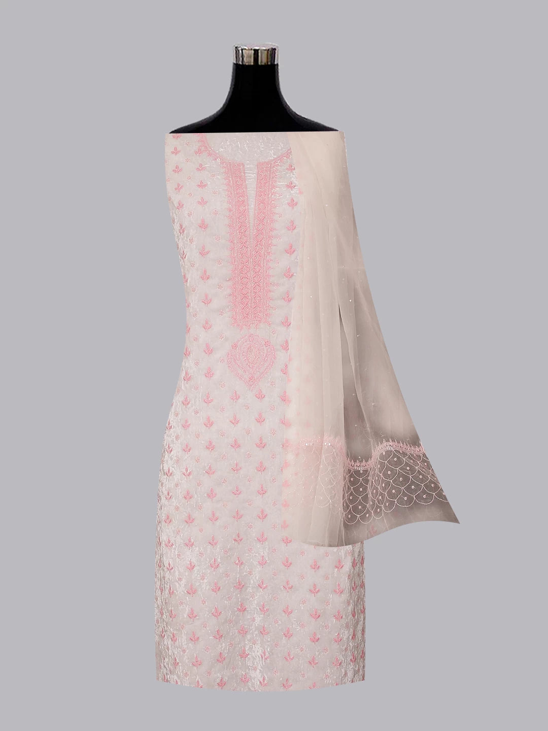 Ada Hand Embroidered Snow White Velvet Lucknowi Chikankari Unstitched Kurta Dupatta Set With Cutdana Work 01A342444