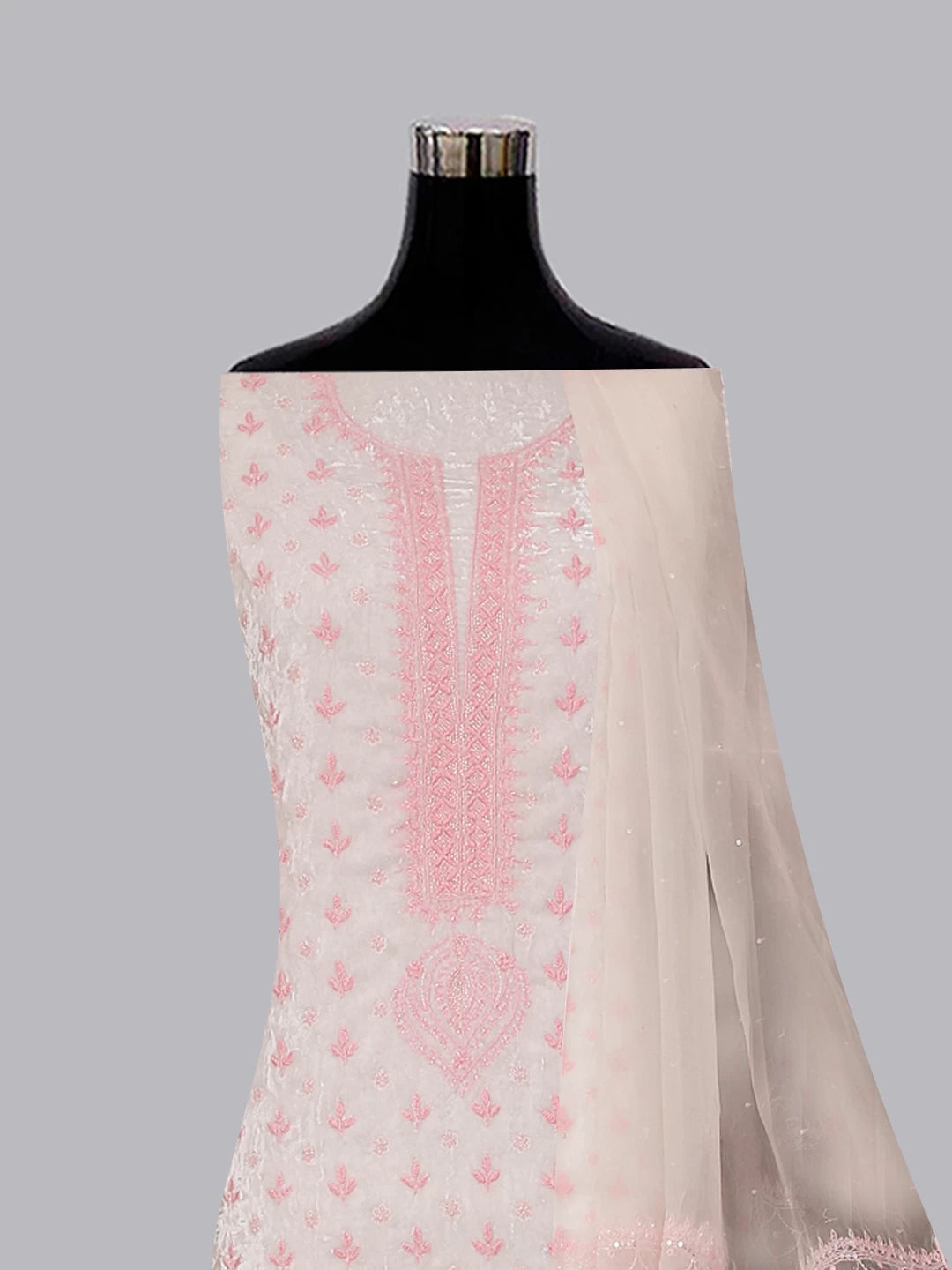 Ada Hand Embroidered Snow White Velvet Lucknowi Chikankari Unstitched Kurta Dupatta Set With Cutdana Work 01A342444