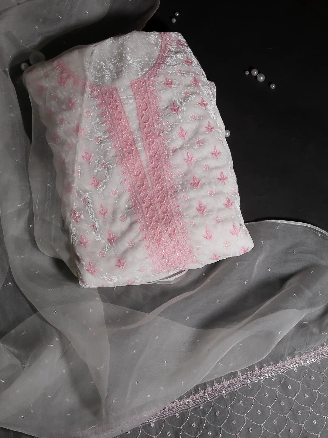 Ada Hand Embroidered Snow White Velvet Lucknowi Chikankari Unstitched Kurta Dupatta Set With Cutdana Work 01A342444