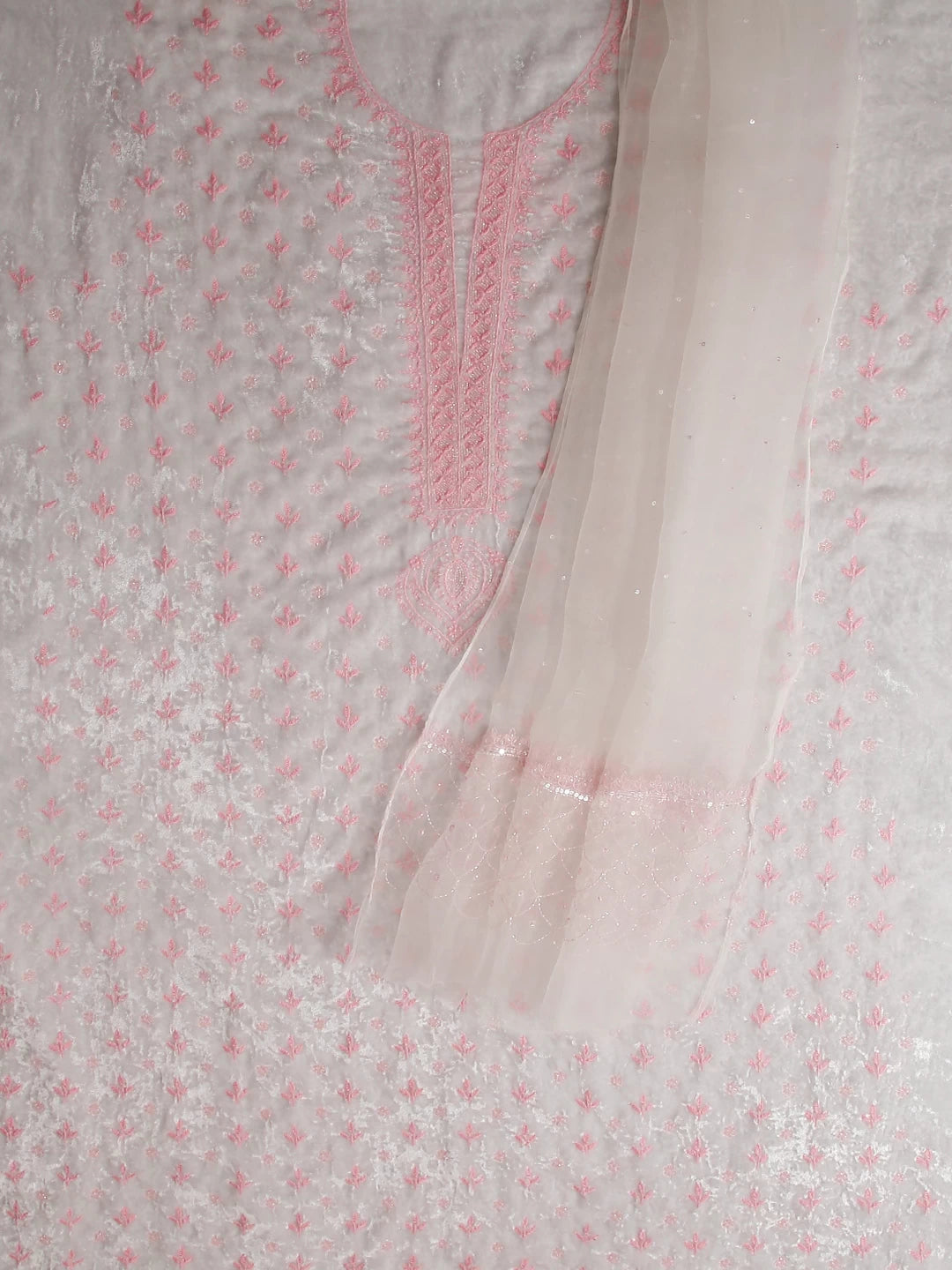 Ada Hand Embroidered Snow White Velvet Lucknowi Chikankari Unstitched Kurta Dupatta Set With Cutdana Work 01A342444