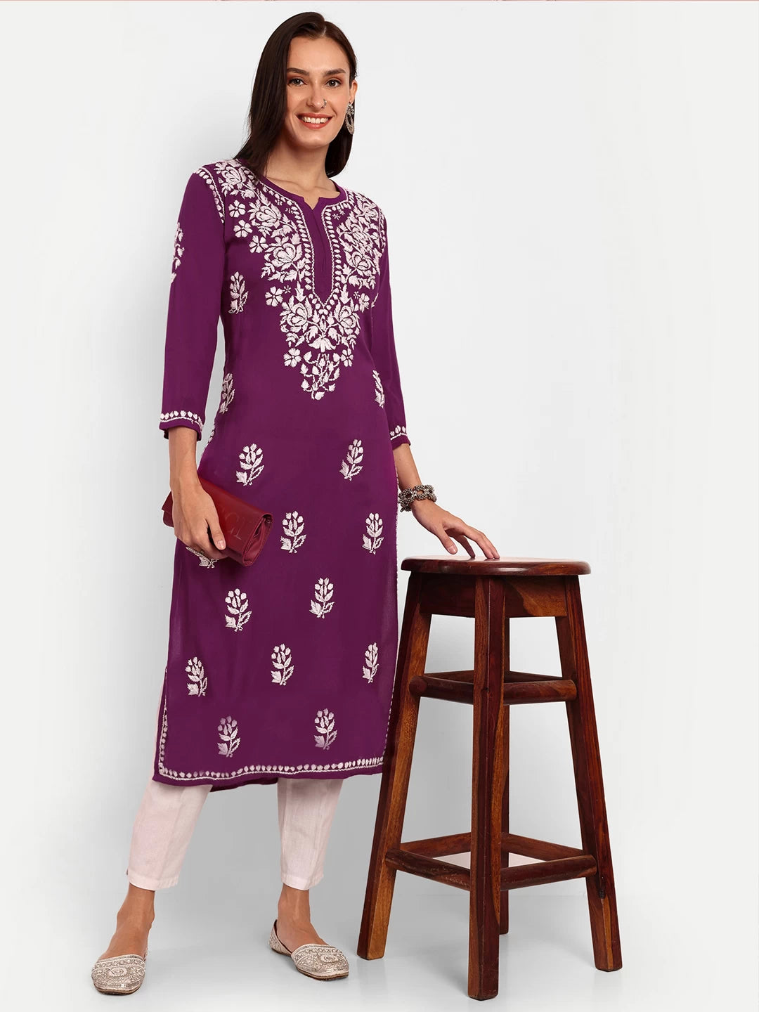 Ada Hand Embroidered Purple Rayon Lucknowi Chikankari Straight Kurta A411548