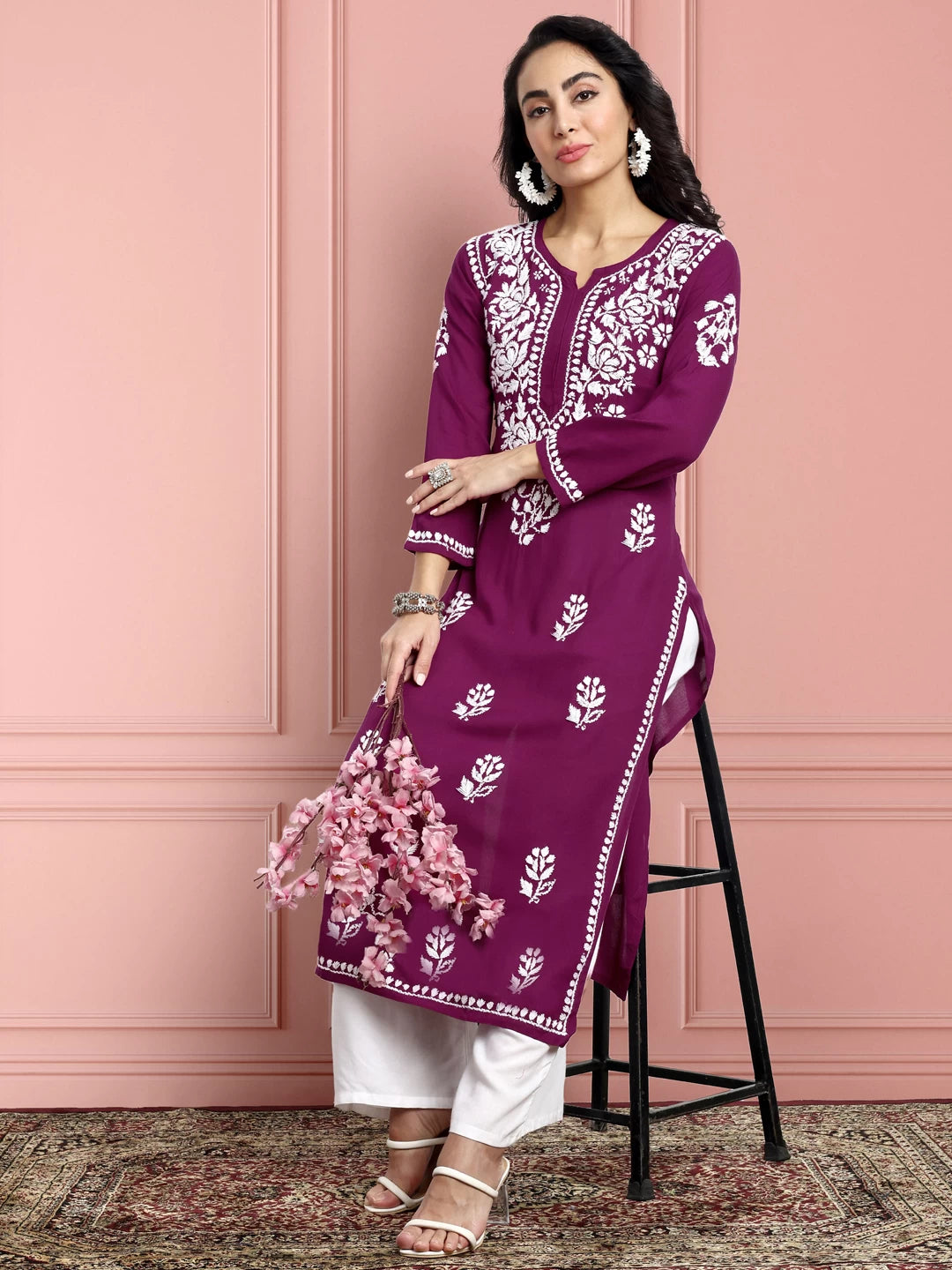 Ada Hand Embroidered Purple Rayon Lucknowi Chikankari Straight Kurta A411548