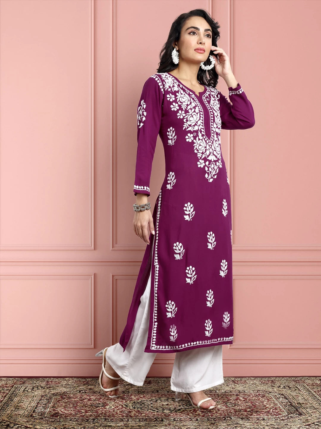 Ada Hand Embroidered Purple Rayon Lucknowi Chikankari Straight Kurta A411548