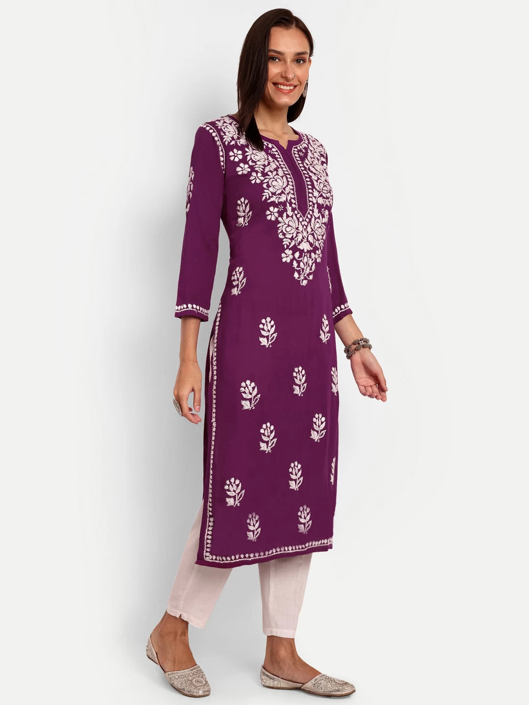 Ada Hand Embroidered Purple Rayon Lucknowi Chikankari Straight Kurta A411548