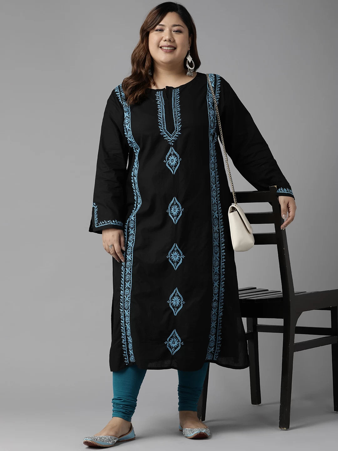 Ada Hand Embroidered Black Cotton Lucknowi Chikan Straight Kurta A411392