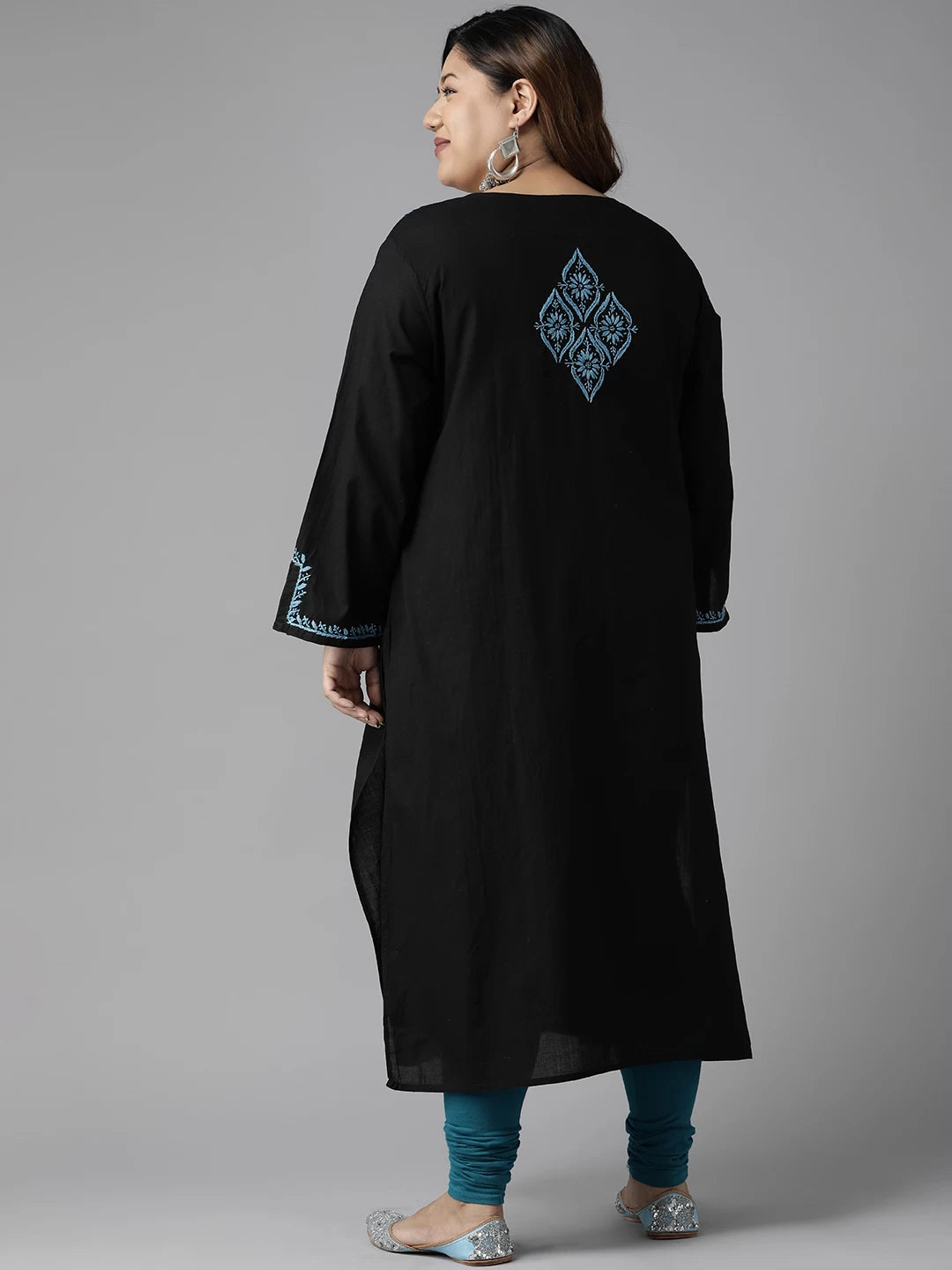 Ada Hand Embroidered Black Cotton Lucknowi Chikan Straight Kurta A411392