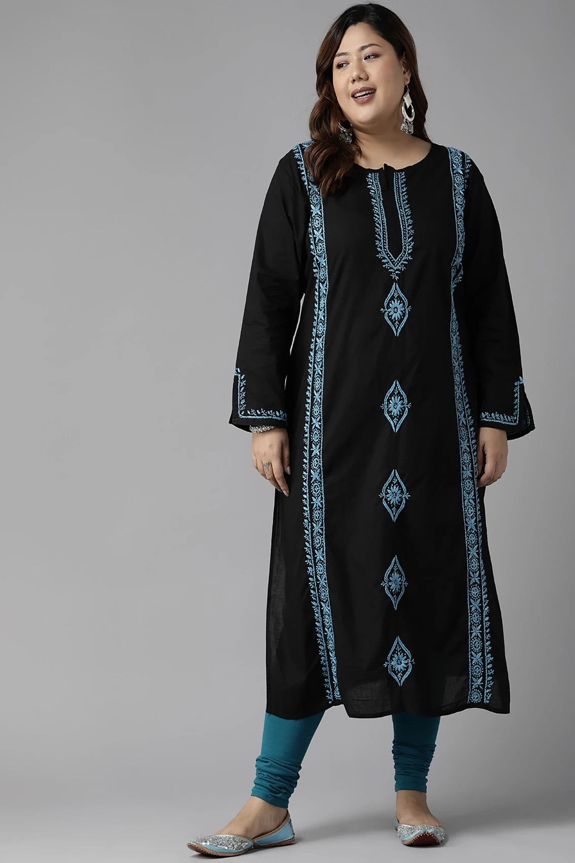 Ada Hand Embroidered Black Cotton Lucknowi Chikan Straight Kurta A411392