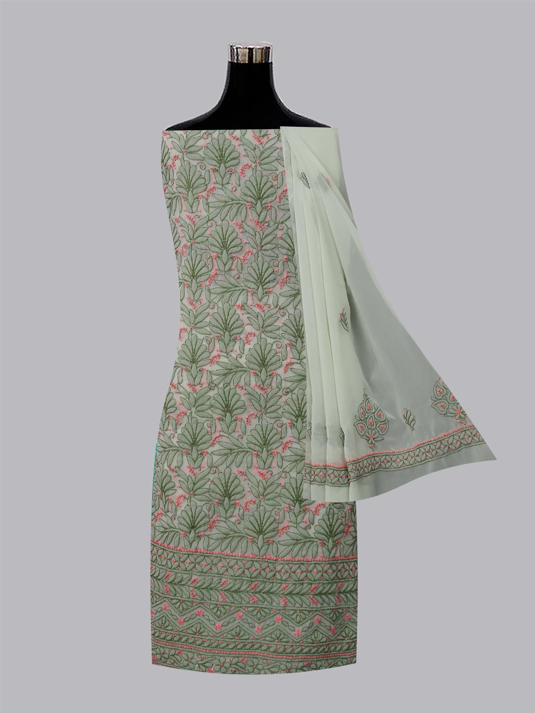 Ada Hand Embroidered Tea Green Georgette Lucknowi Chikankari Unstitched Suit Piece 01A385563