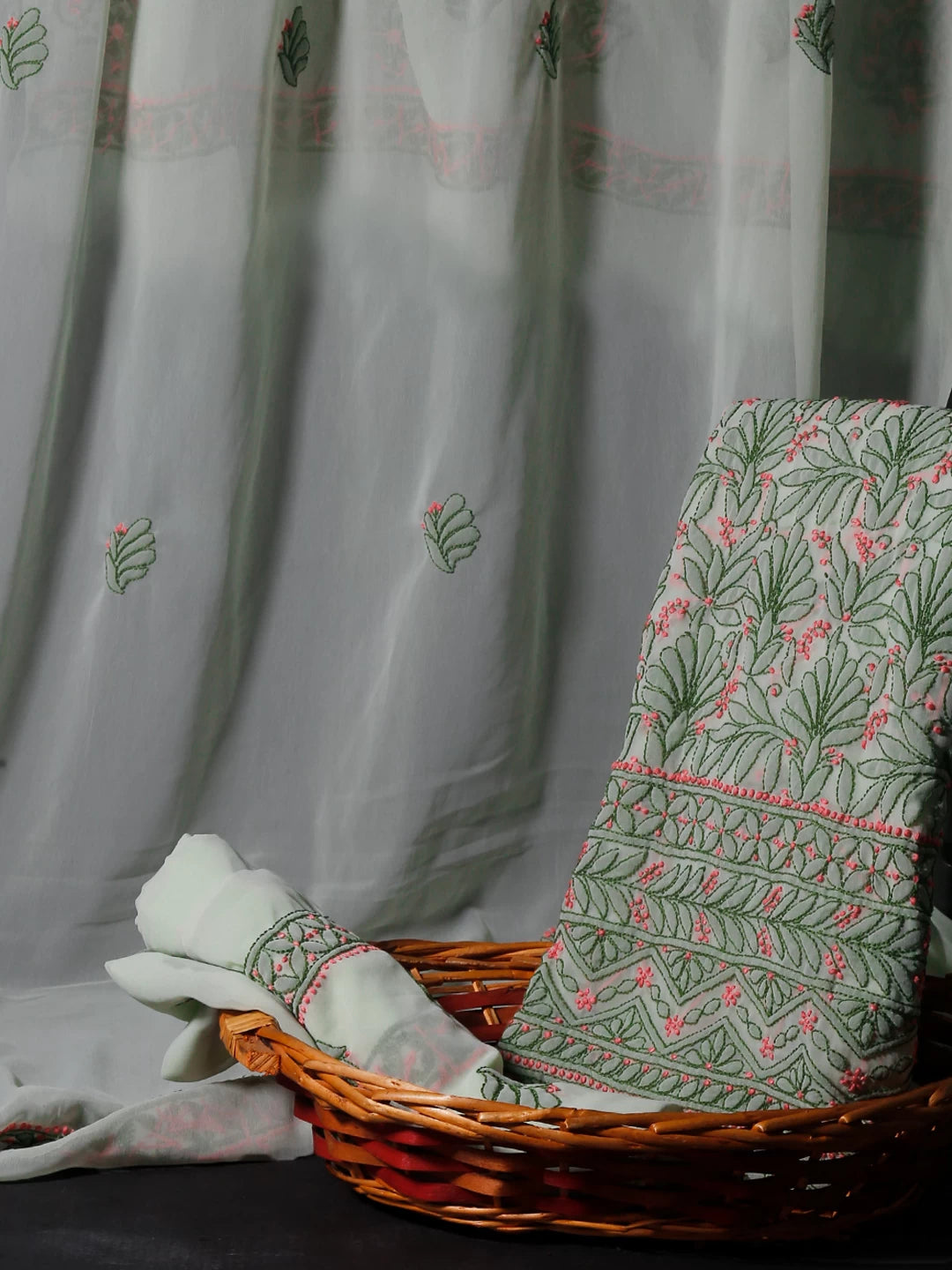 Ada Hand Embroidered Tea Green Georgette Lucknowi Chikankari Unstitched Suit Piece 01A385563