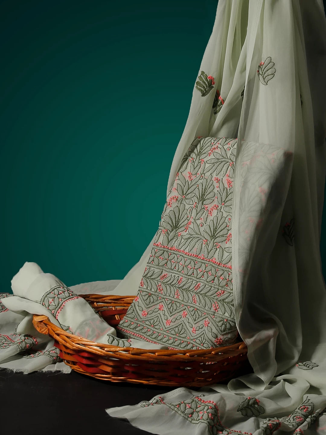 Ada Hand Embroidered Tea Green Georgette Lucknowi Chikankari Unstitched Suit Piece 01A385563