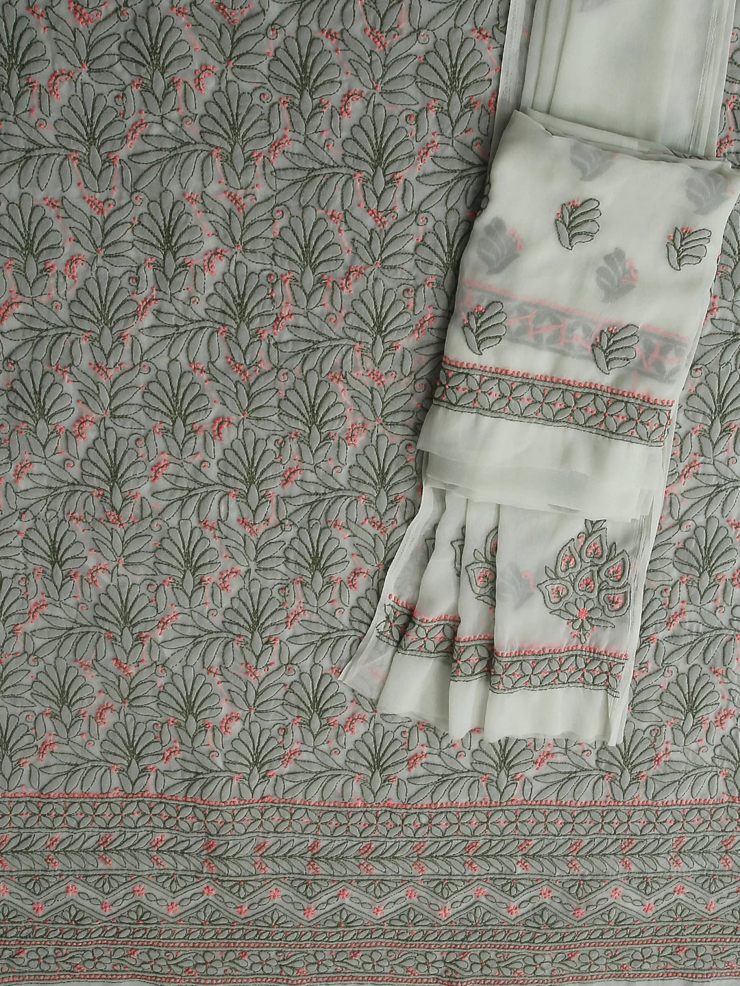Ada Hand Embroidered Tea Green Georgette Lucknowi Chikankari Unstitched Suit Piece 01A385563