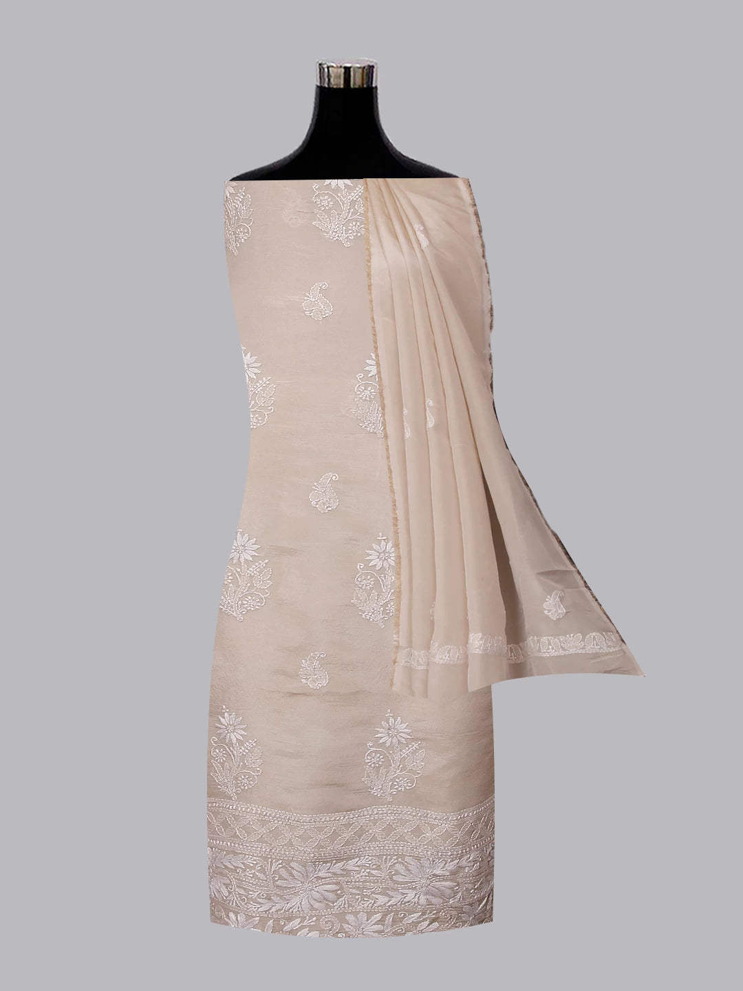 Ada Hand Embroidered Beige Tissue Lucknowi Chikankari Unstitched Kurta Dupatta Set 01A471360