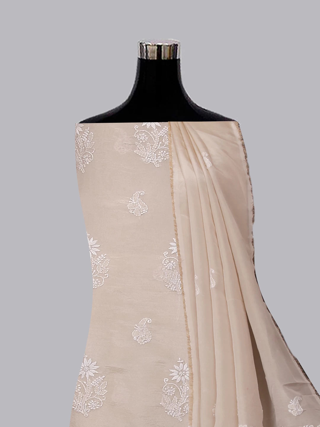Ada Hand Embroidered Beige Tissue Lucknowi Chikankari Unstitched Kurta Dupatta Set 01A471360