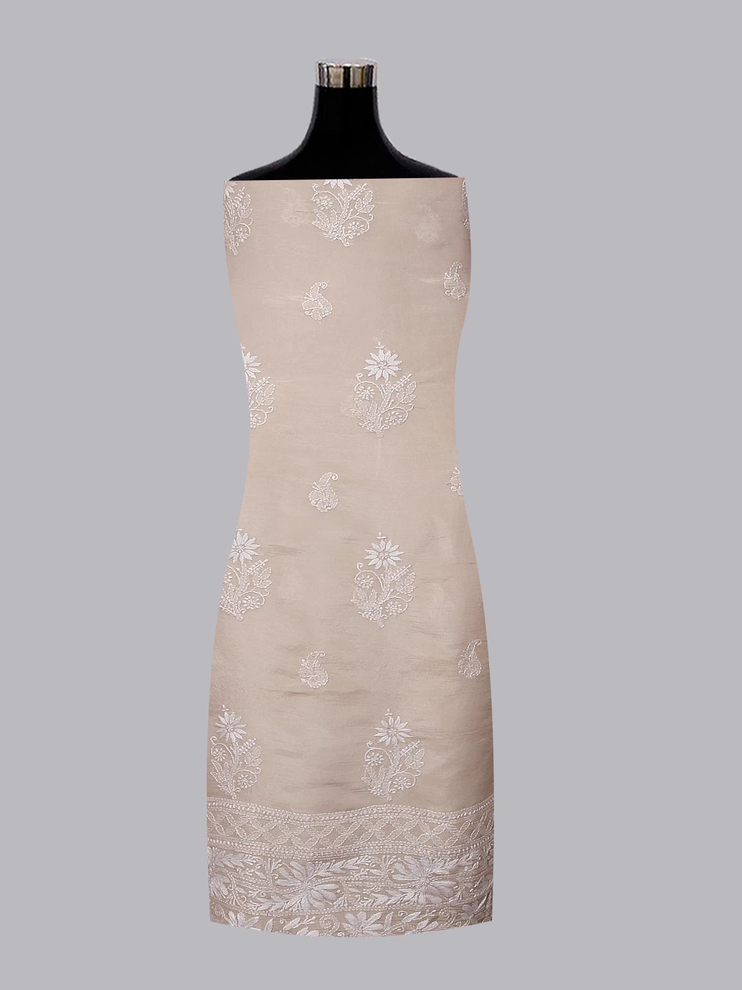 Ada Hand Embroidered Beige Tissue Lucknowi Chikankari Unstitched Kurta Dupatta Set 01A471360