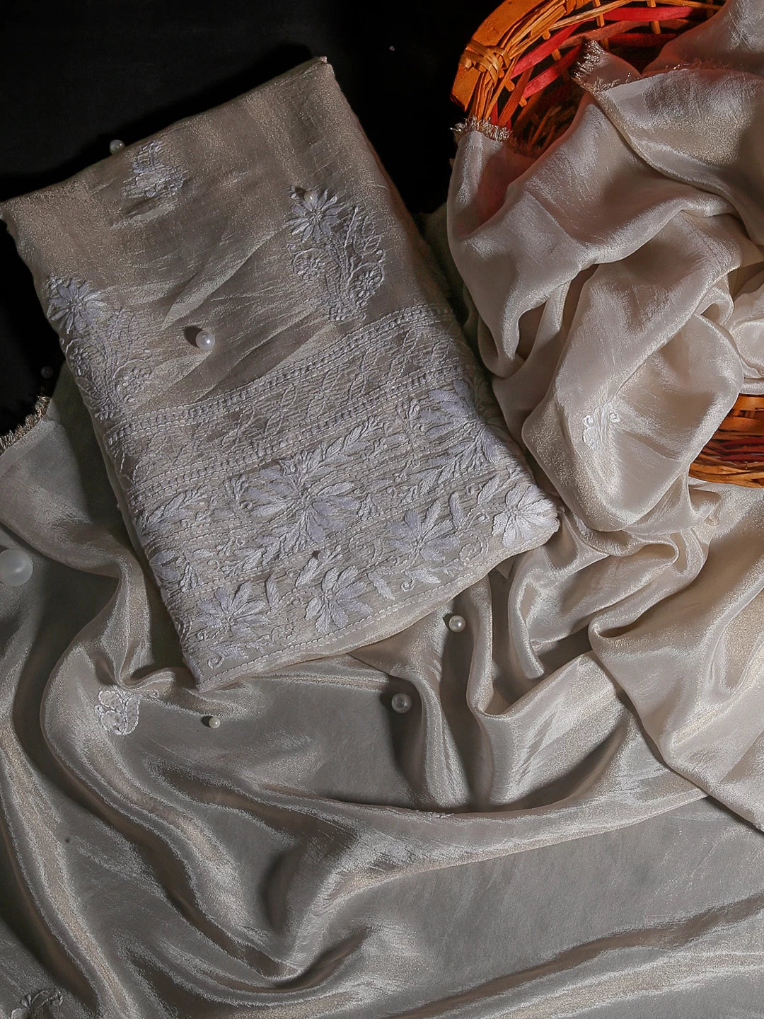 Ada Hand Embroidered Beige Tissue Lucknowi Chikankari Unstitched Kurta Dupatta Set 01A471360