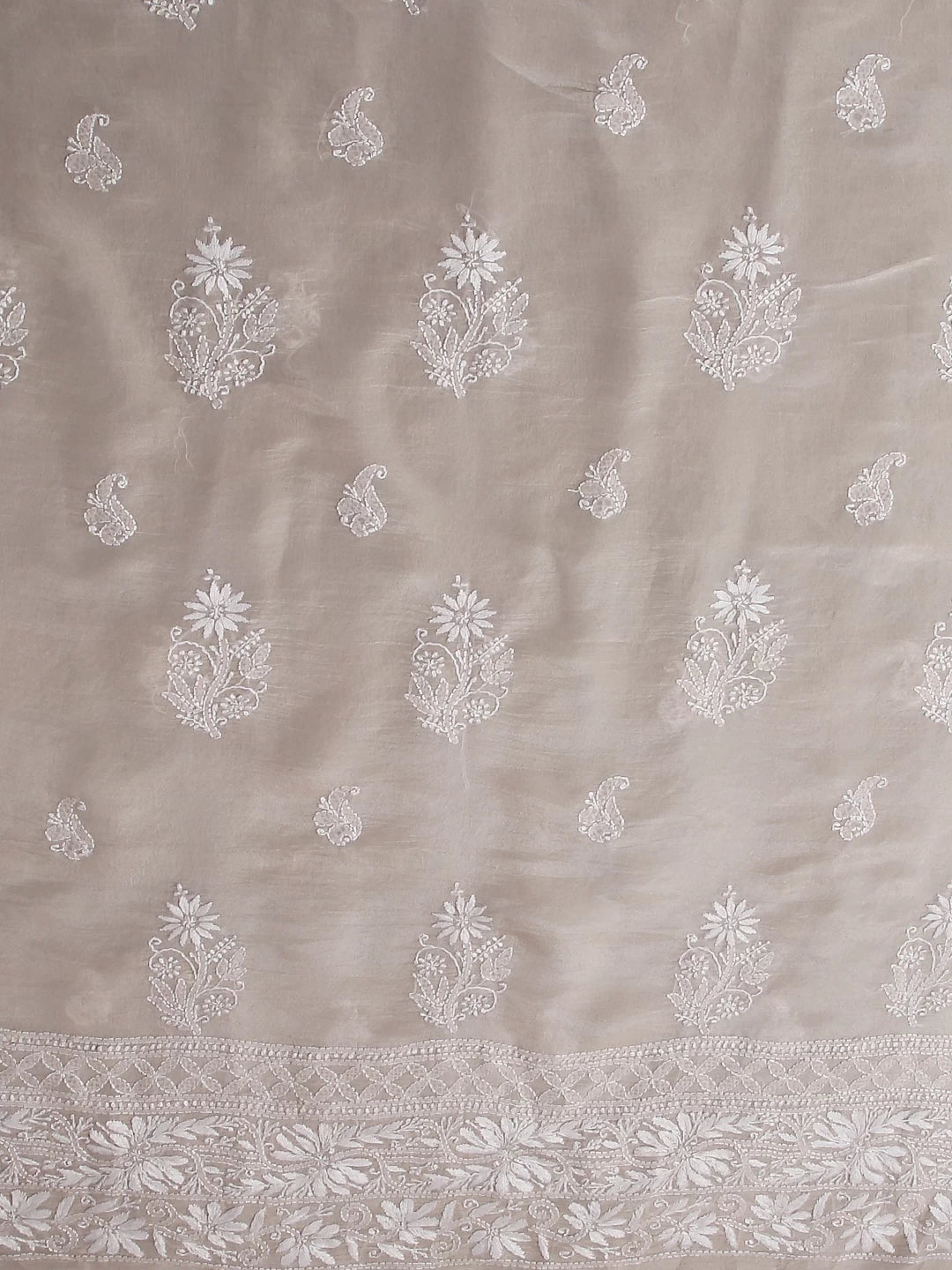 Ada Hand Embroidered Beige Tissue Lucknowi Chikankari Unstitched Kurta Dupatta Set 01A471360