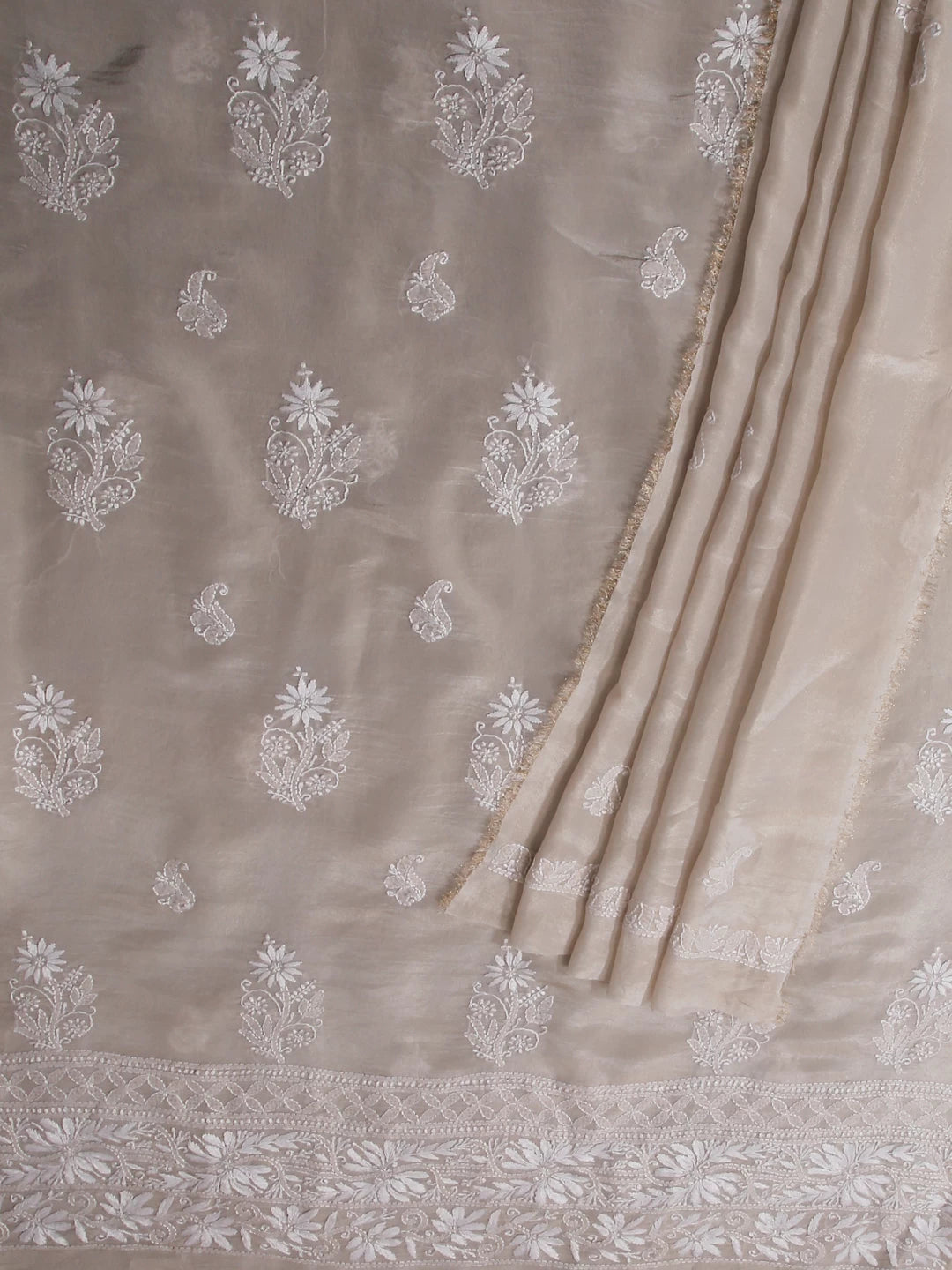 Ada Hand Embroidered Beige Tissue Lucknowi Chikankari Unstitched Kurta Dupatta Set 01A471360