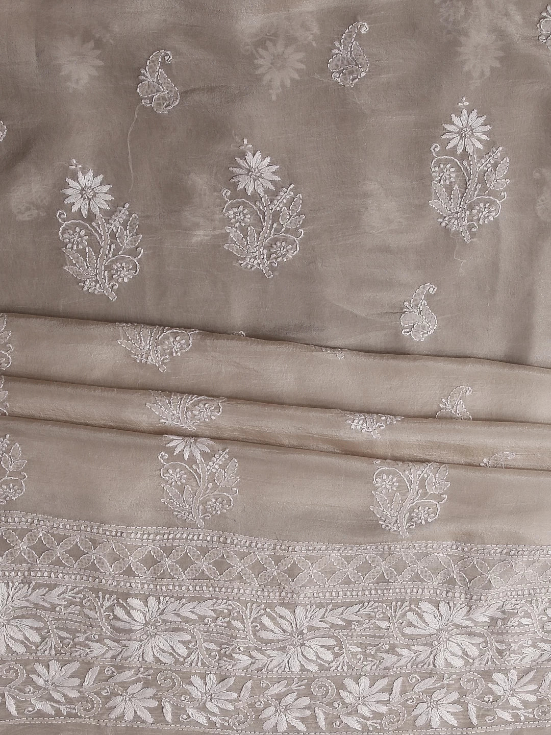 Ada Hand Embroidered Beige Tissue Lucknowi Chikankari Unstitched Kurta Dupatta Set 01A471360