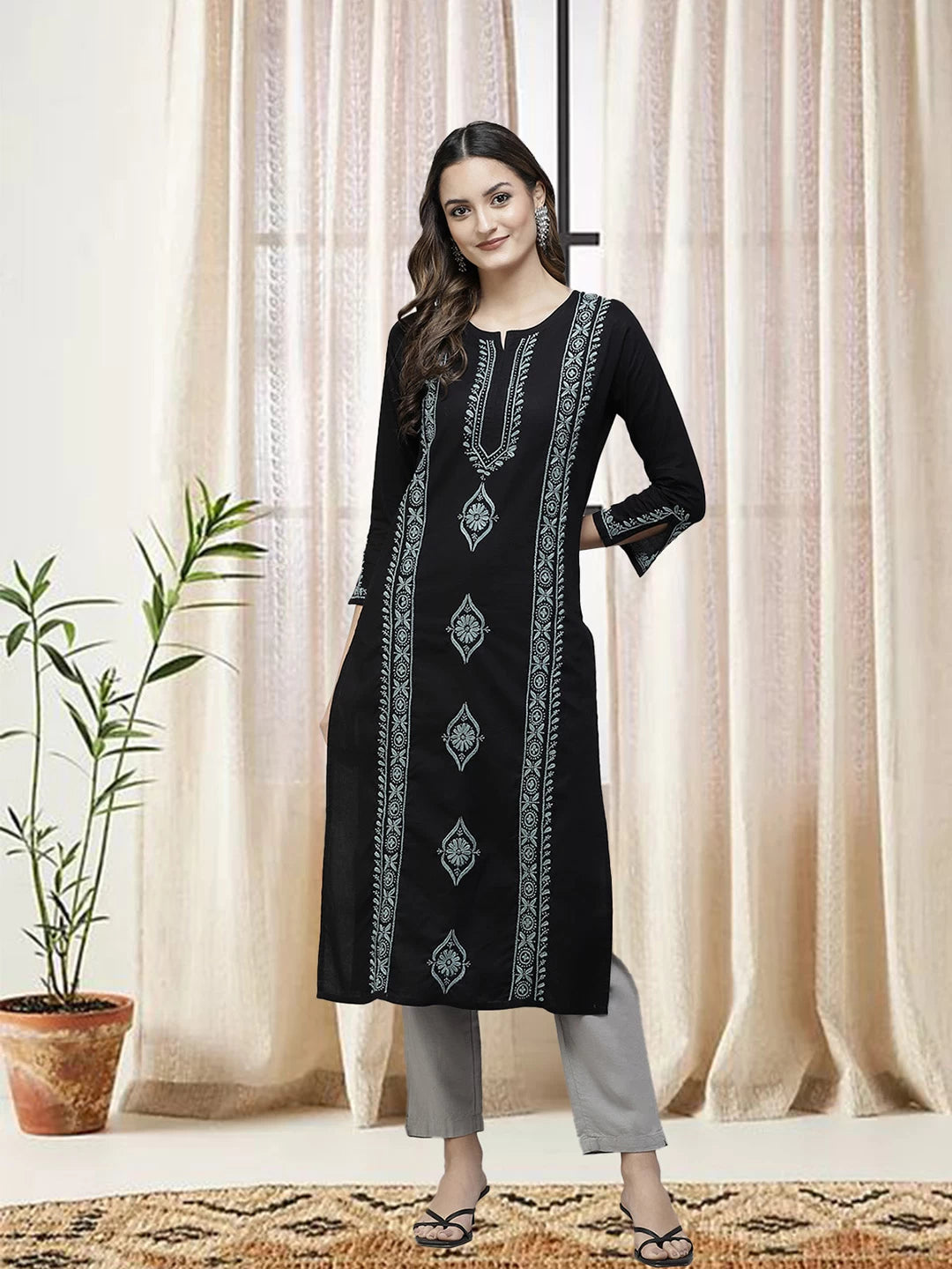 Ada Hand Embroidered Black Cotton Lucknowi Chikan Straight Kurta A411395