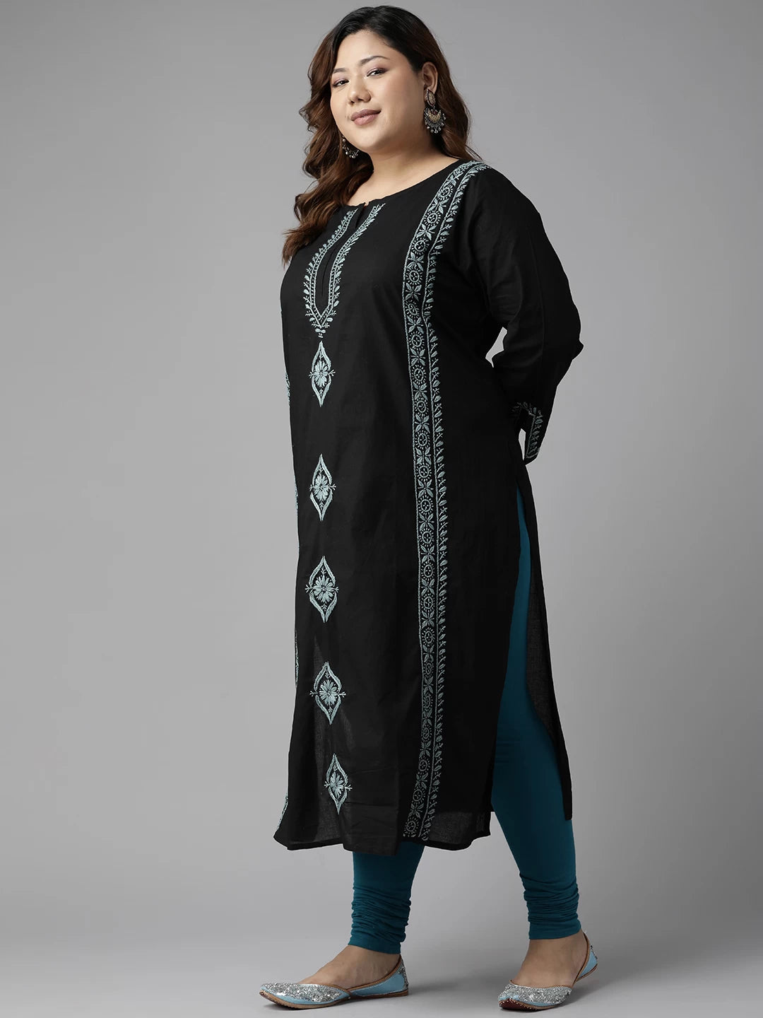Ada Hand Embroidered Black Cotton Lucknowi Chikan Straight Kurta A411395