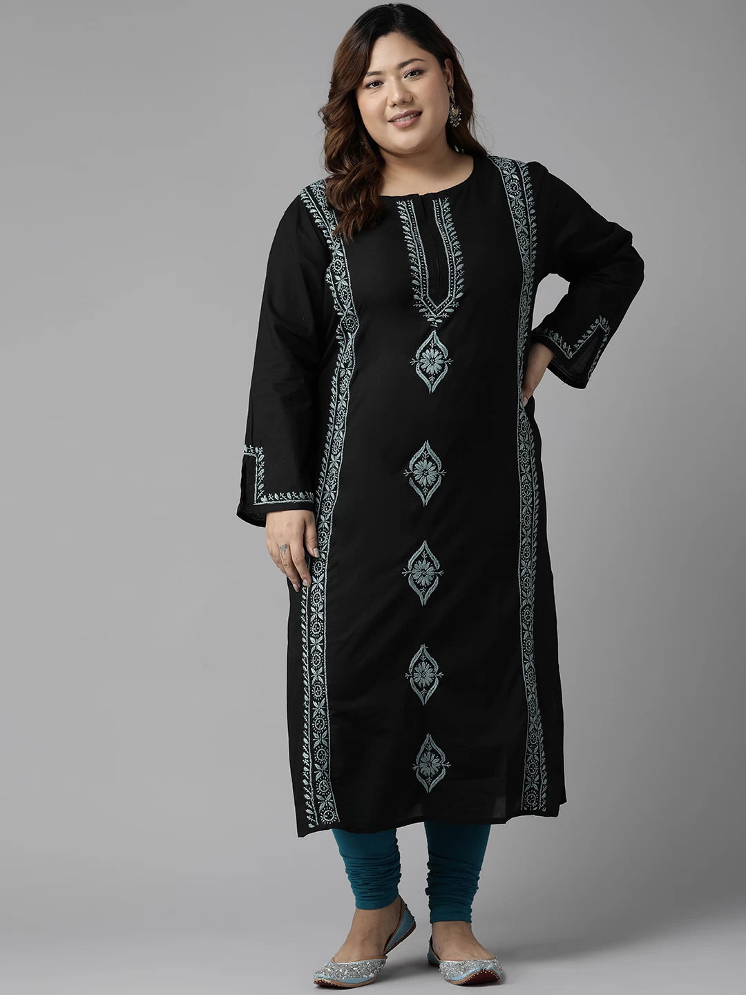 Ada Hand Embroidered Black Cotton Lucknowi Chikan Straight Kurta A411395