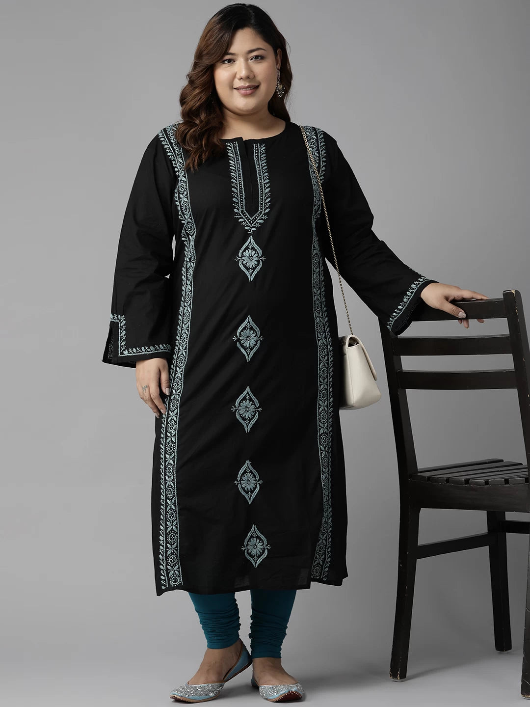 Ada Hand Embroidered Black Cotton Lucknowi Chikan Straight Kurta A411395