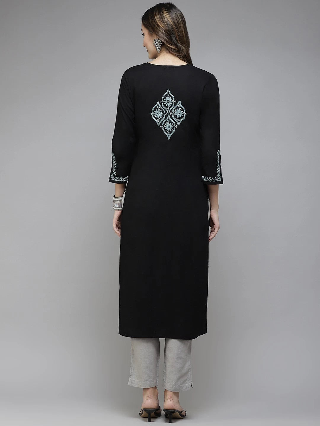 Ada Hand Embroidered Black Cotton Lucknowi Chikan Straight Kurta A411395