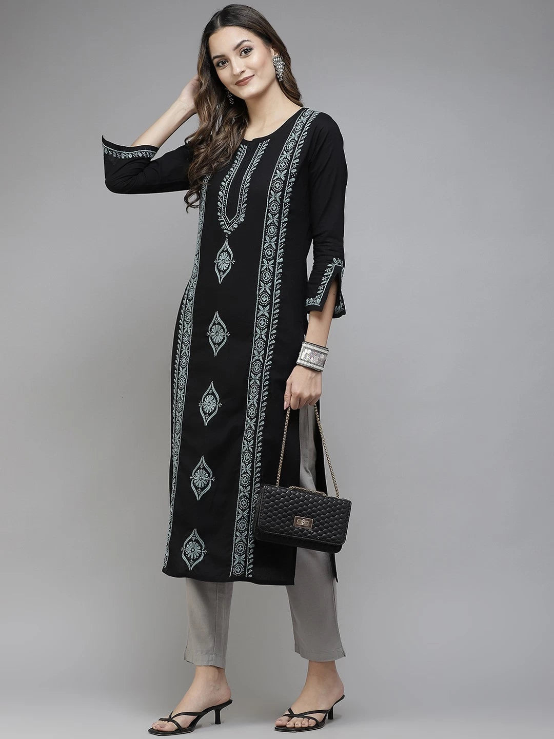 Ada Hand Embroidered Black Cotton Lucknowi Chikan Straight Kurta A411395