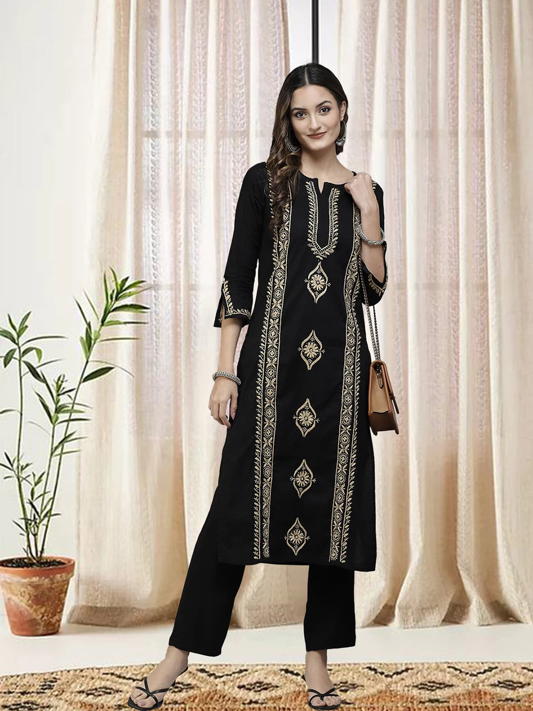 Ada Hand Embroidered Black Cotton Lucknowi Chikan Straight Kurta A411393