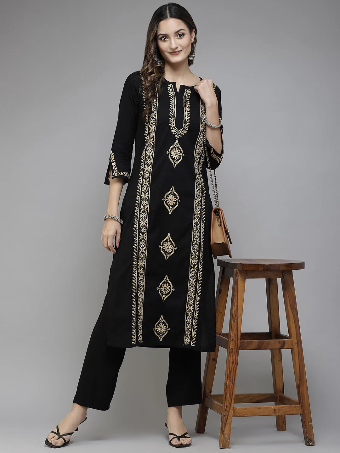 Ada Hand Embroidered Black Cotton Lucknowi Chikan Straight Kurta A411393