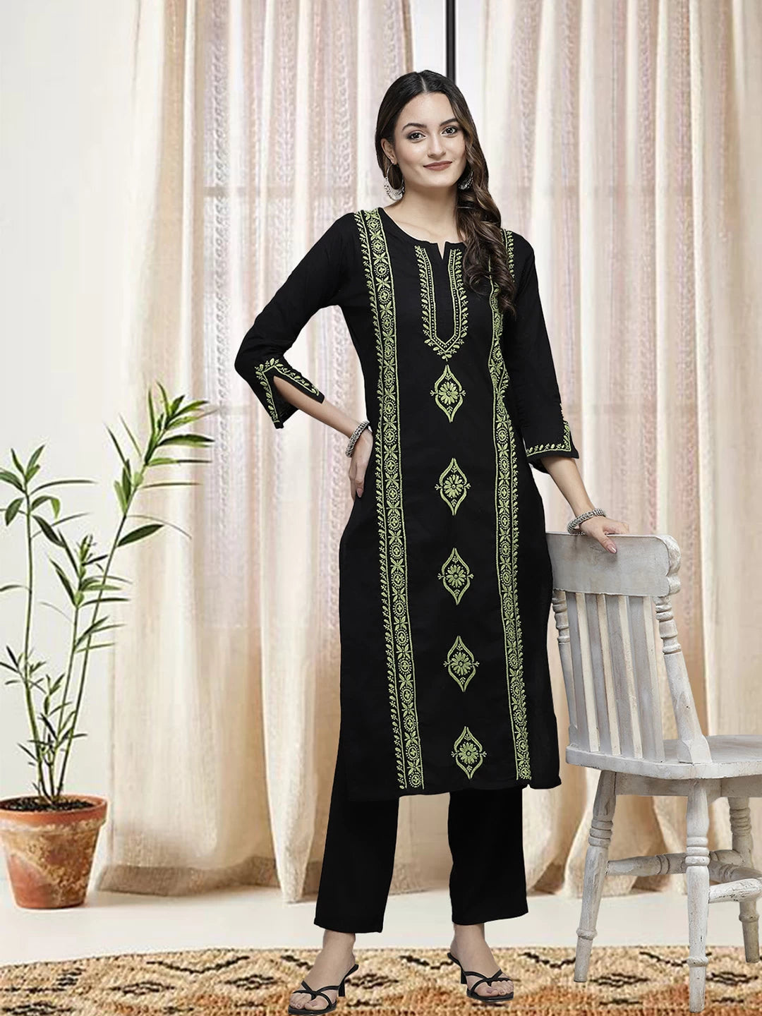 Ada Hand Embroidered Black Cotton Lucknowi Chikan Straight Kurta A411388