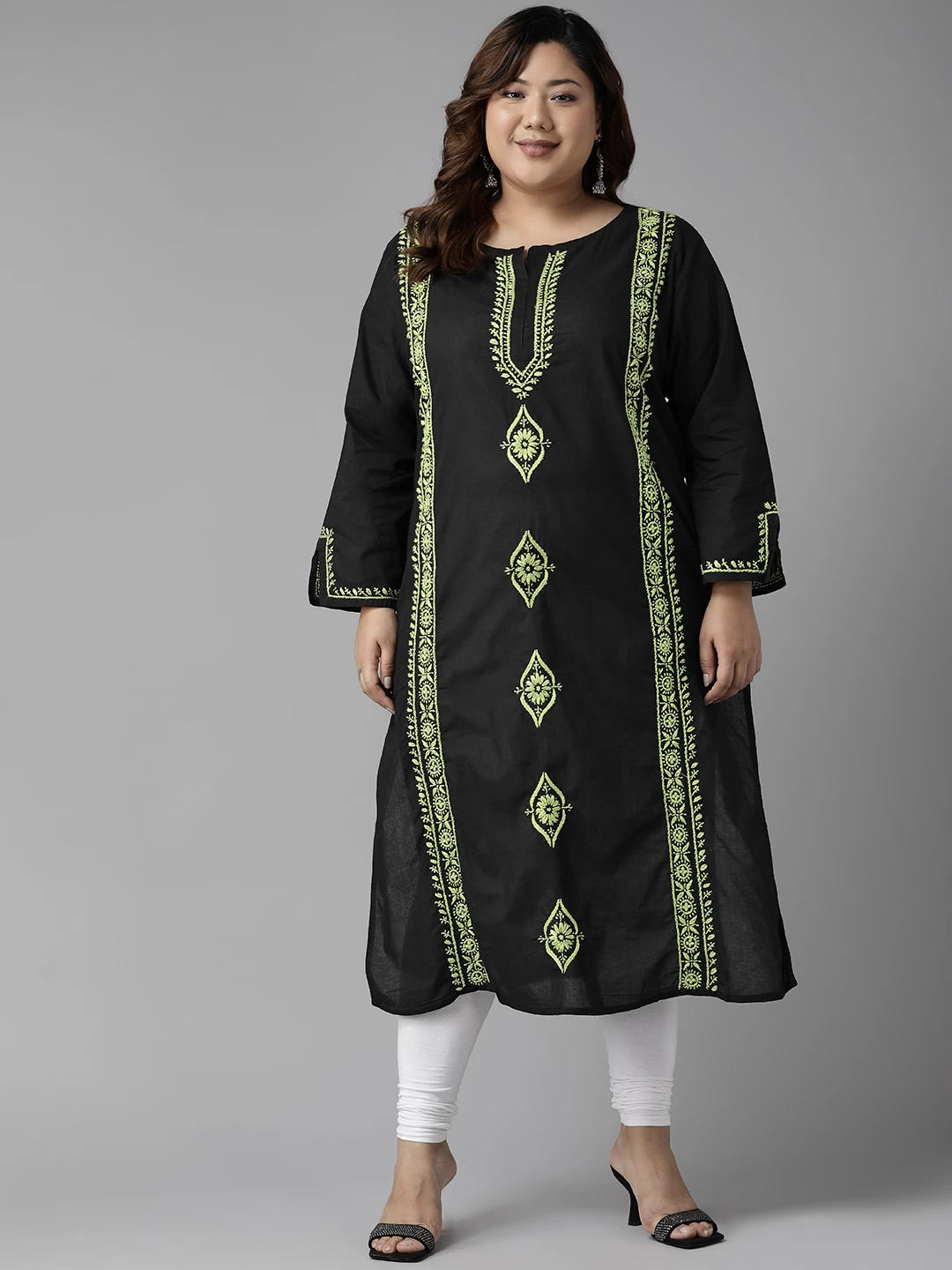 Ada Hand Embroidered Black Cotton Lucknowi Chikan Straight Kurta A411388