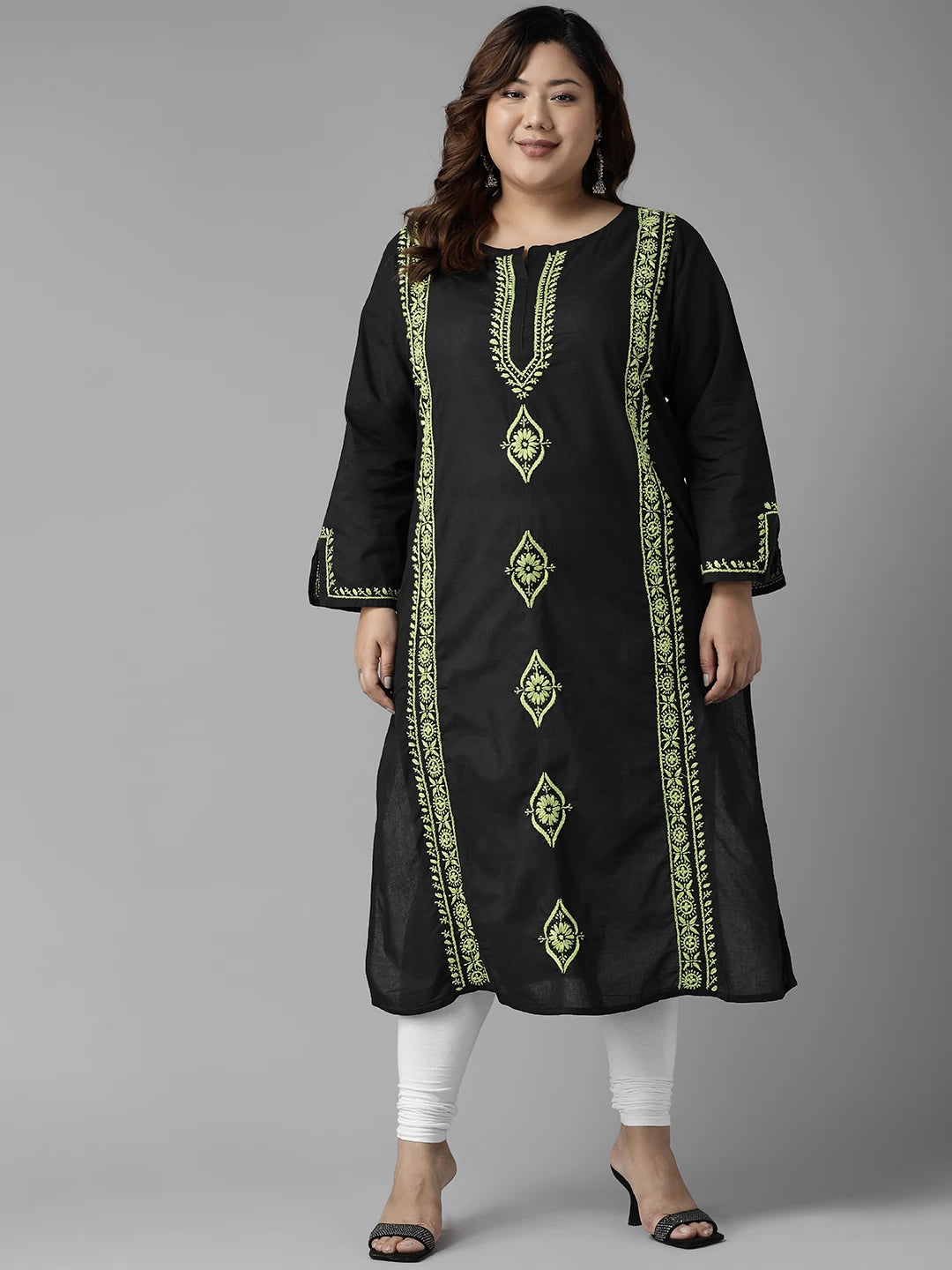 Ada Hand Embroidered Black Cotton Lucknowi Chikan Straight Kurta A411388