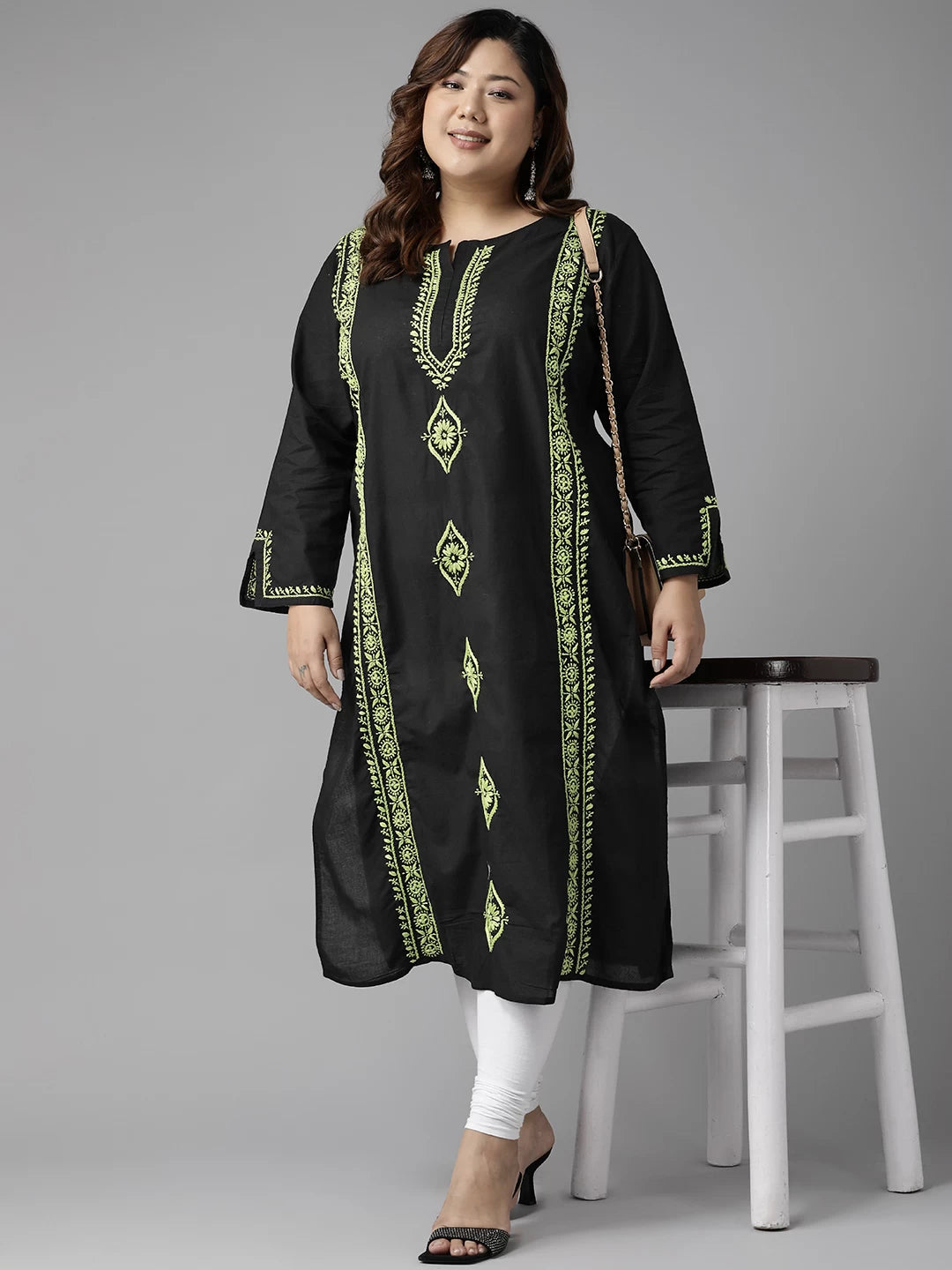 Ada Hand Embroidered Black Cotton Lucknowi Chikan Straight Kurta A411388