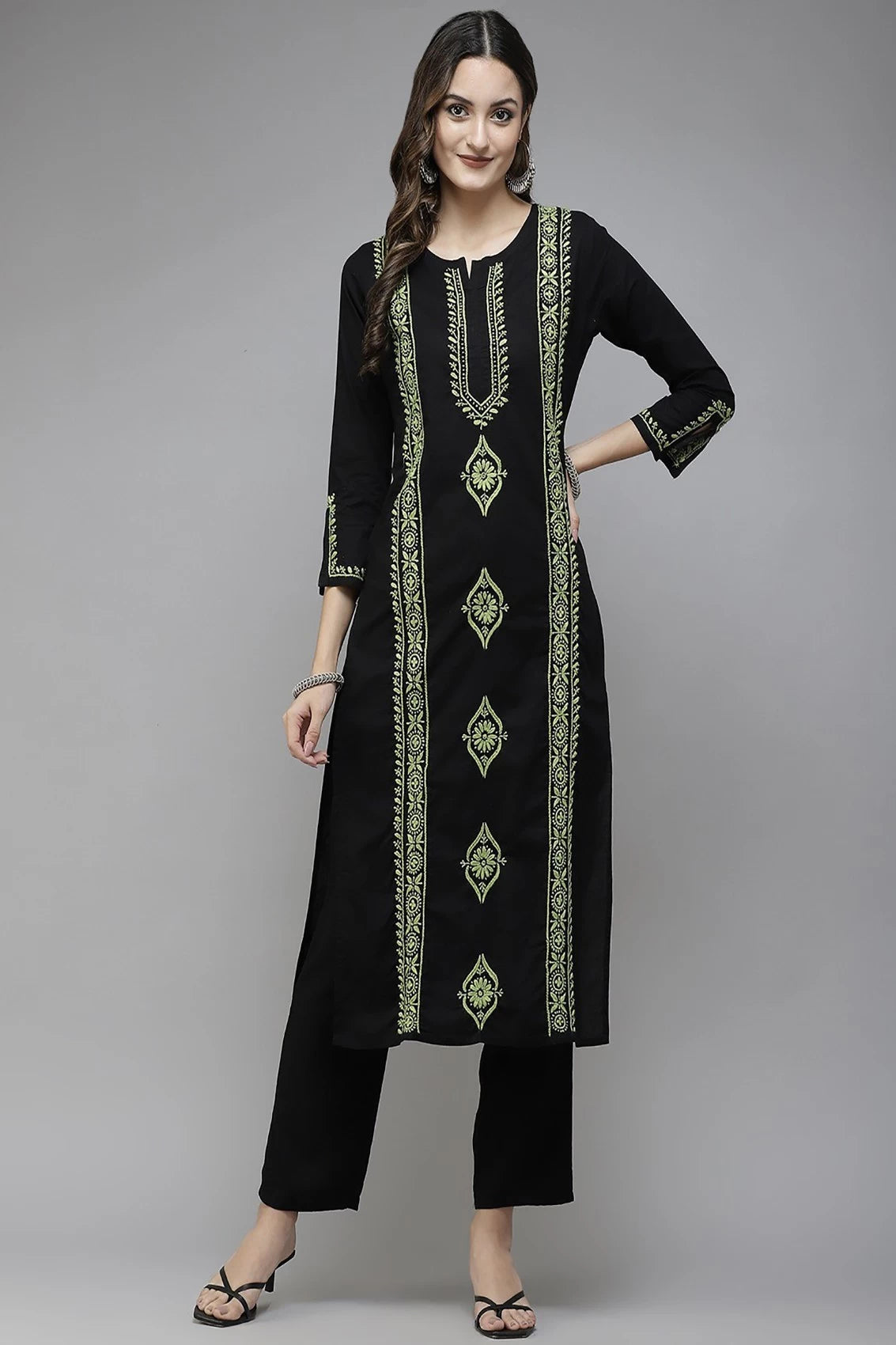 Ada Hand Embroidered Black Cotton Lucknowi Chikan Straight Kurta A411388