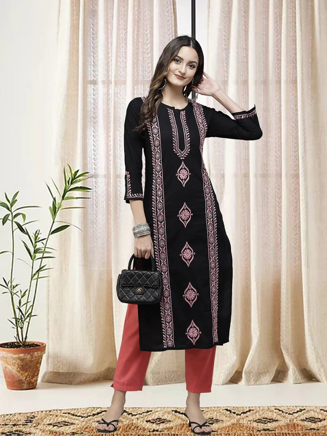 Ada Hand Embroidered Black Cotton Lucknowi Chikan Straight Kurta A411390