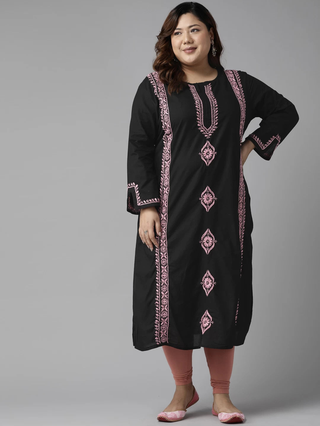 Ada Hand Embroidered Black Cotton Lucknowi Chikan Straight Kurta A411390