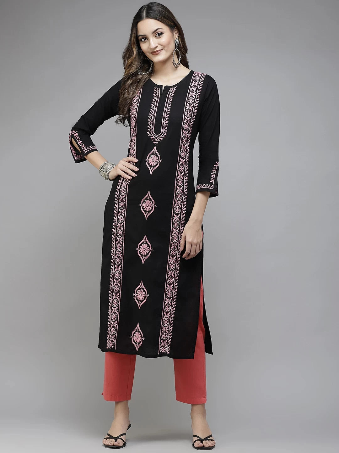 Ada Hand Embroidered Black Cotton Lucknowi Chikan Straight Kurta A411390