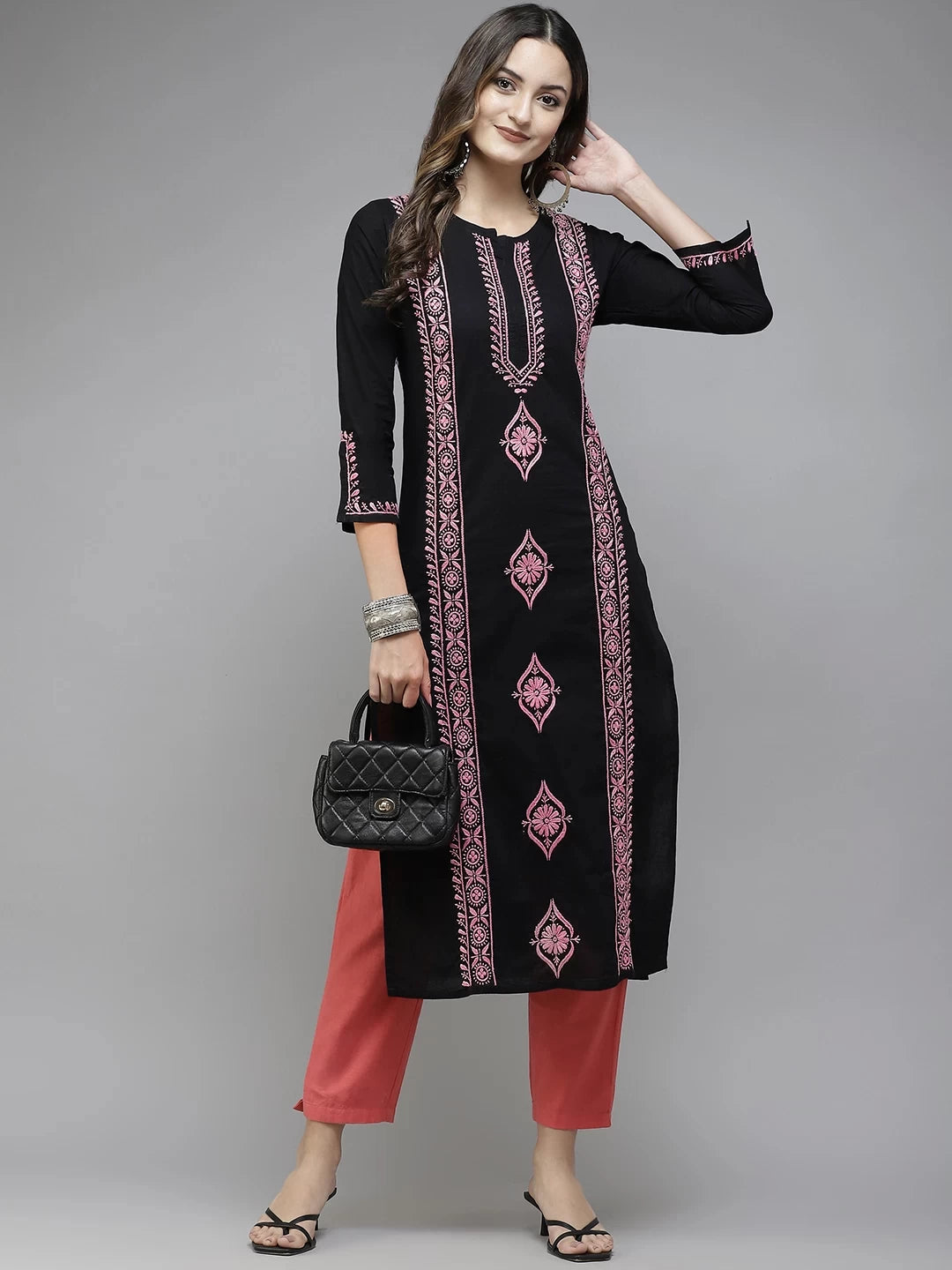 Ada Hand Embroidered Black Cotton Lucknowi Chikan Straight Kurta A411390